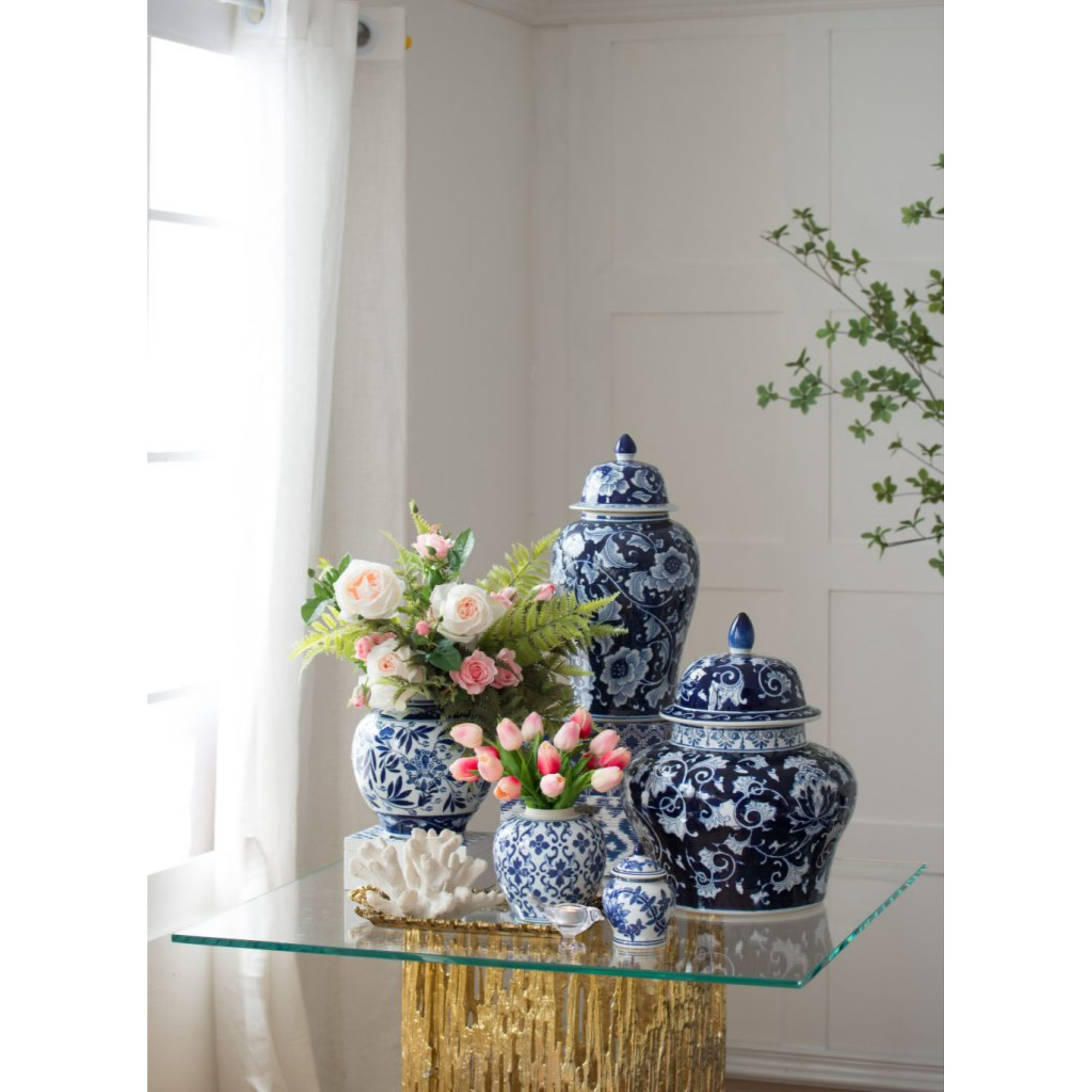 Aline Ginger Large Porcelain Lidded Jar - 17" - Blue & White